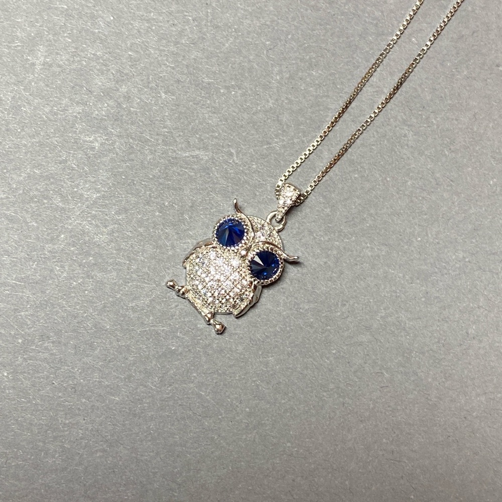 sterling silver blue eye CZ owl bird necklace